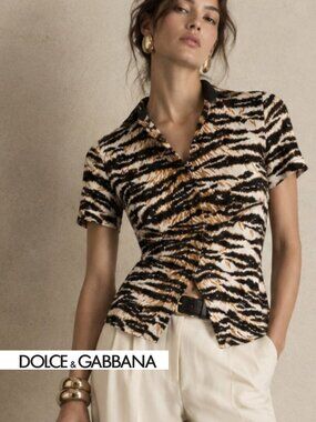 D&G Tiger-Print Short Sleeve Polo in Black, Cream & Burnt Orange